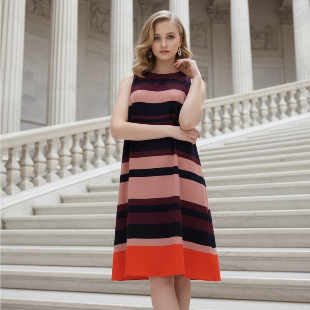 Ann Taylor Women Striped Color-block Sleeveless Lined Dress Pockets Size Medium